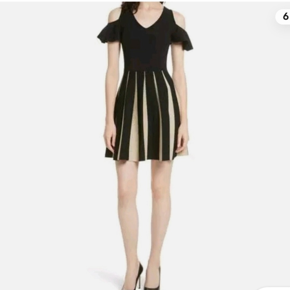 Ted Baker Wytney Black & Gold Cold Shoulder Skater Dress Size 3